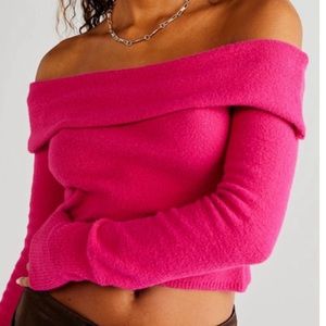 pink off the shoulder sweater